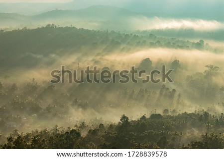 mountain layers covered with white mist and orange sun rays at dawn image taken at south india. it is showing the beautiful art done by nature at sunrise.
