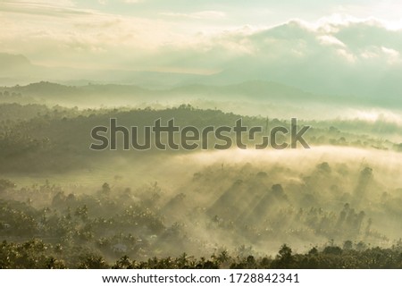 mountain layers covered with white mist and orange sun rays at dawn image taken at south india. it is showing the beautiful art done by nature at sunrise.