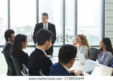 Group of business people sitting listen and present reviews in meeting room, leadership present, business teamwork partner concept.