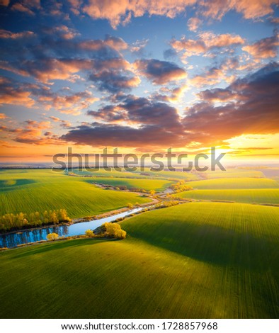Picturesque aerial photography of agrarian land in sunlight in the evening. Top view drone shot. Agricultural area of Ukraine, Europe. Attractive picture of a countryside. Beauty of earth.
