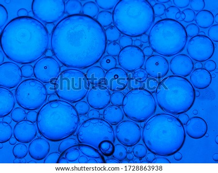 Mixing water and oil, beautiful colors. Blue light. Close-up. Abstract macro background. Water and oil bubbles. Abstract light illumination