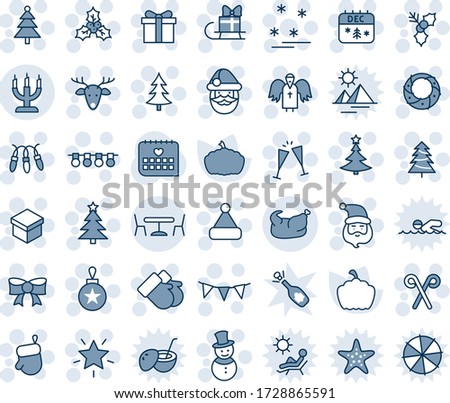 Blue tint and shade editable vector line icon set - cafe vector, christmas tree, gift, santa claus, glove, garland, ball, star, bow, gloves, snowman, calendar, hat, deer, holly, wreath, angel, stick