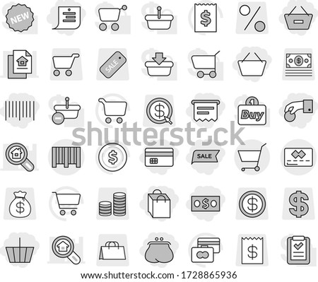 Editable thin line isolated vector icon set - basket, hand coin, money, credit card, purse, remove from, shopping list, bag, sale, bar code, atm receipt, cart, dollar vector, stack, percent, arrow
