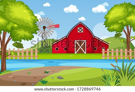 Background scene with red barn in the park illustration