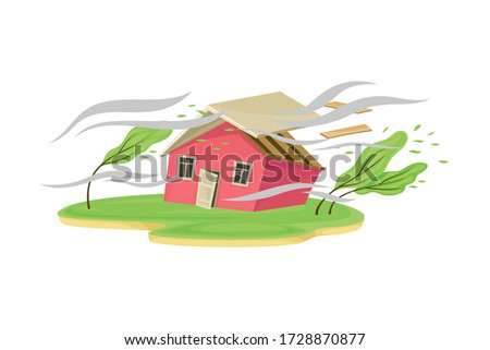 Severe Wind as Natural Cataclysm Blowing Carrying Away House Roof Vector Illustration Royalty-Free Stock Photo #1728870877