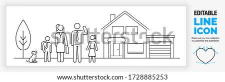 Editable line icon of a stick figure family standing outside in front of their house with a garage and the parents in a suit for work and the man waving next to the children and pet dog in eps vector