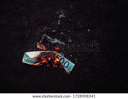 Money notes burn in the fire. Concept of the crisis. Royalty-Free Stock Photo #1728908341