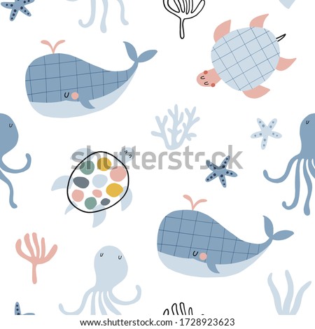 Seamless childish pattern with funny  whales, turtles, octopus. Creative scandinavian kids texture for fabric, wrapping, textile, wallpaper, apparel. Vector illustration background in yellow and blue.