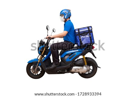 Delivery man wearing blue uniform riding motorcycle and delivery box. Motorbike delivering food or parcel express service isolated on white background Royalty-Free Stock Photo #1728933394