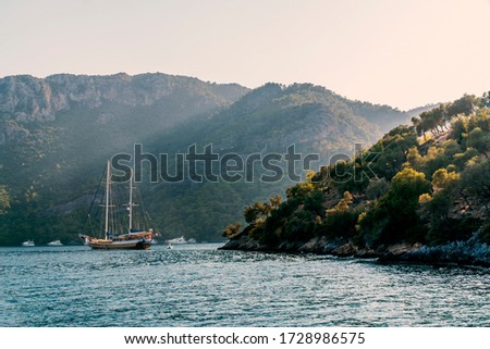 Summer concept: A Turkish gulet and behind some luxury white yachts anchored at the Aegean sea with sun beam in background. Natural photo with copy space. Green and blue contrast. No people