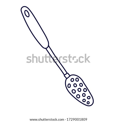 Slotted spoon in doodle style. Kitchen tool. Hand drawn vector illustration in black ink isolated on white background. 