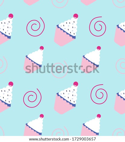 Colorful seamless pattern with cute cupcakes and spirals. Girly ornament for posters, covers, scrapbook, wrapping paper, packing, textile. Vector illustration