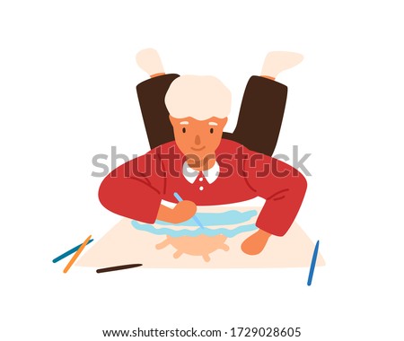 Smiling child drawing picture lying on floor vector flat illustration. Focused male kid painting picture on paper use colorful pencil isolated on white background. Boy enjoying creative hobby