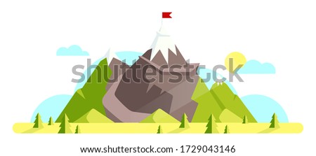 Mountain with red flag on top cartoon vector illustration. Mountaineering travel destination. Rock climbing flat color object. Hill and fir trees forest isolated on white background