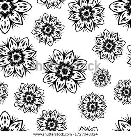 Beautiful black ink flowers isolated on white background. Floral seamless pattern. Hand drawn vector graphic illustration. Texture.