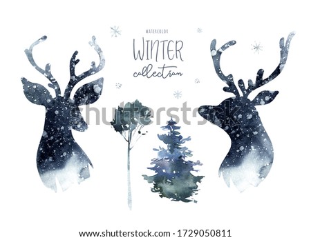Watercolor winter forest with deer head. Christmas tree landscape with Pine Trees fir in the Mountains. Hand painted Isolated on white Background. Snow holiday