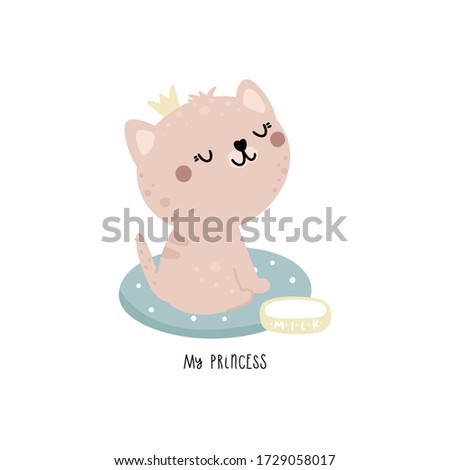 Cute smiling cat with a crown sits on a pillow. Childrens illustration for postcard, poster or t shirt print in vector.