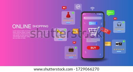 Online shopping on application and website concept, digital marketing online, shopping cart with new items on smartphone screen. Royalty-Free Stock Photo #1729066270