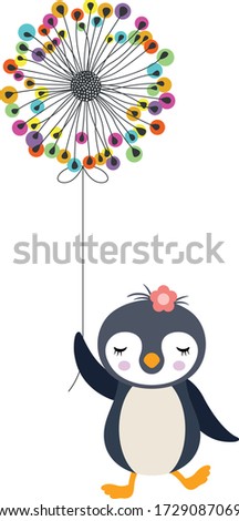 Cute penguin flying holding a colorful dandelion
