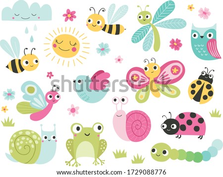 Cute bugs and animals character set. Funny cartoon insects, butterfly, bee, frog, owl, snail, ladybug. Garden, pond, meadow creatures. Spring and summer vector illustration for kids.