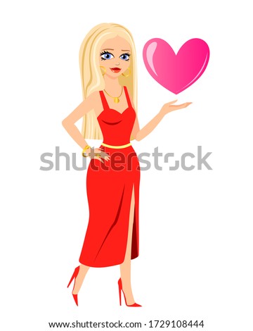 
Glamorous girl in a red evening dress, in high heels holds a pink heart. Beautiful face. The blonde with blue eyes. Glamorous celebrity. Color picture. Vector and illustration.