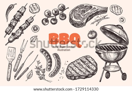 
Set of barbecue elements drawn in vector. For the design of the menu of cafes and restaurants, shop windows related to the theme of grilled food. Royalty-Free Stock Photo #1729114330