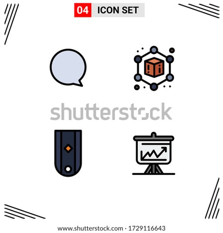 Pack of 4 creative Filledline Flat Colors of chat; rank; cube; insignia; chart Editable Vector Design Elements