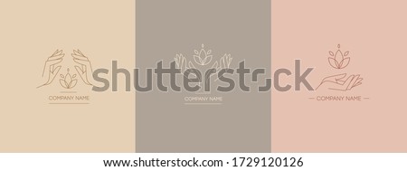 Delicate and natural logos with the image of hands. Vector illustration for female business. Handwork or hand care. Logo for a beauty salon or massage. Royalty-Free Stock Photo #1729120126