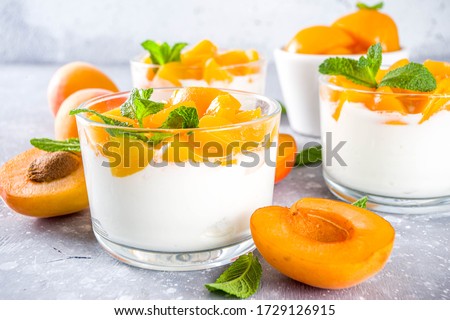 Summer breakfast dessert. Curd or yogurt healthy dessert with apricot slices and mint. Eating healthy, diet and vitamin-rich sweet food, on grey stone background with fresh apricots copy space