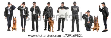 Set with police officers on white background
