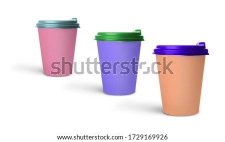 Colorful takeaway coffee cups on white background