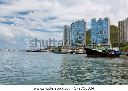 Famous floating village in Aberdeen is an area and town on the south shore of Hong Kong Island on July 2  2013 in Hong Kong.