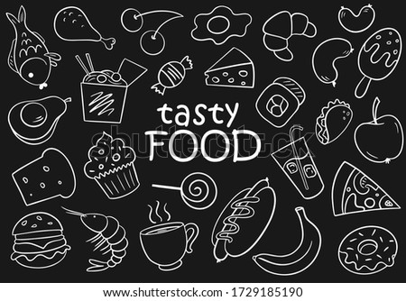 Black and white funny doodle cartoon background of tasty food with sushi, hotdog, banana, sausages, taco, cheese, bread, coffee, burger, croissant and others