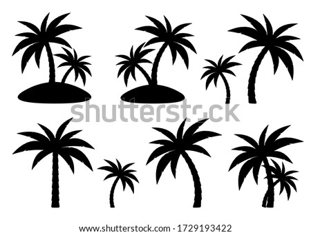 Tropical palm trees set, black silhouettes isolated on white background. Vector.