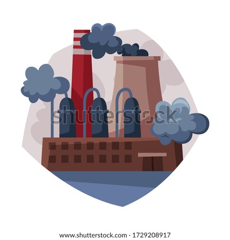 Pollutive Industry Processing Plant Emitting Smoke Through Chimneys, Ecological Problem, Environmental Pollution Vector Illustration