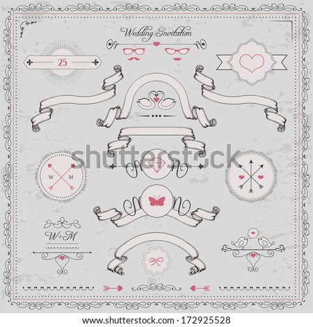 vector cute design elements, wedding invitation, vintage ribbons arrows and frames