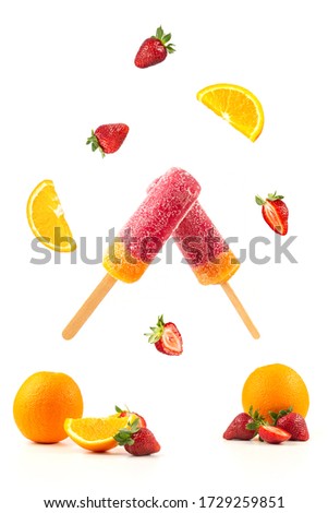 Strawberry, orange and fruit ice on white background