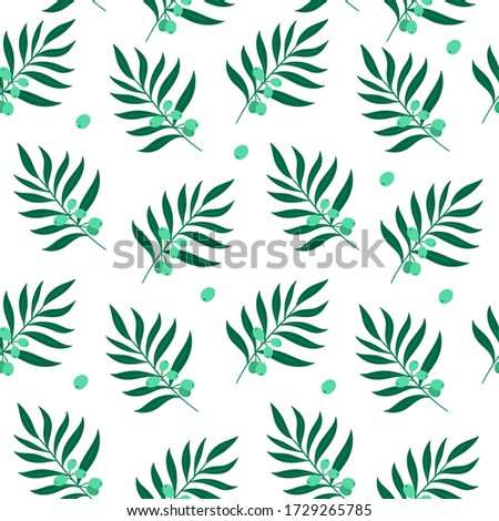 Hand-drawn green olive leaves. Vector seamless pattern on white background.