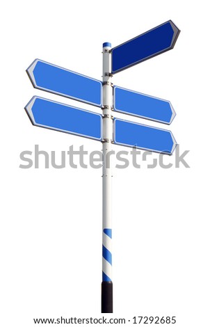 Conceptual blue roadsign with empty direction arrows for business solutions or locations, isolated on white background (with clipping path)