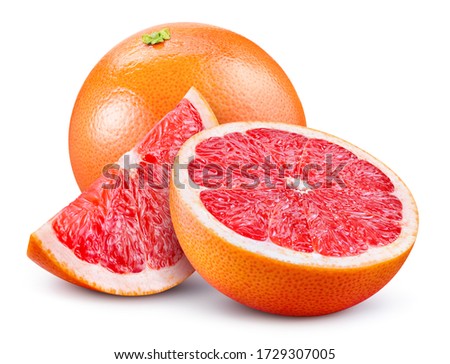 Grapefruit isolated. Pink grapefruit whole, half, slice on white. Grapefruit slices with zest isolate. With clipping path. Full depth of field. Royalty-Free Stock Photo #1729307005