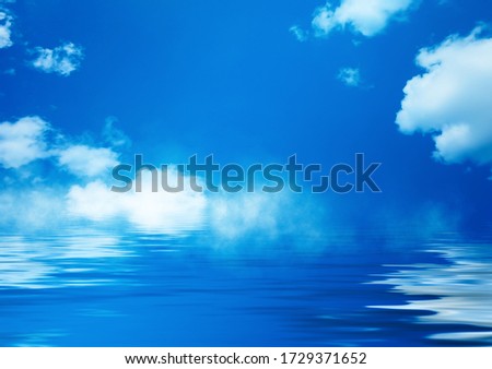 Background of night sea landscape. Night sky, clouds, full moon. Reflection of the moon on the water. Sunset on the sea horizon. Blue tinted blurred background.