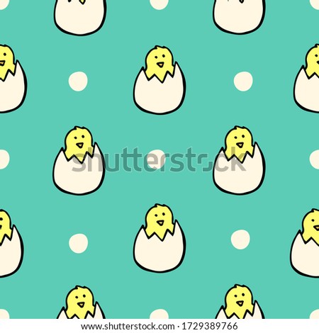 vector children's seamless pattern with hand-drawn cartoon chicks in a shell and dots. it can be used as Wallpaper, background, print, textile design, notebooks, phone cases, packaging paper.