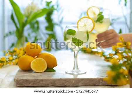 Citrus iced lemonade in pitcher and glasses with lemon slice and mint leaves decoration and on marble table on natural background. Fresh summer drink beautiful picture. . Hand with cocktail glass