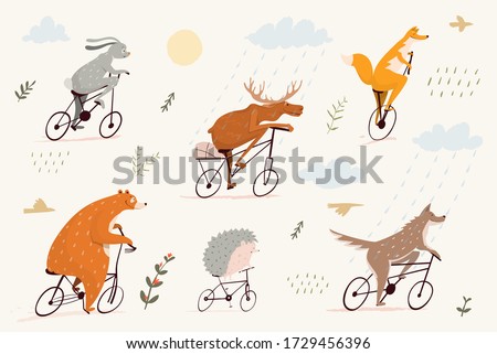 Forest animals riding bicycles in nature with rain, sun and grass, design for children . Bear, wolf, rabbit, moose, hedgehog and fox cycling, wild animals design for kids. Vector flat nursery art.