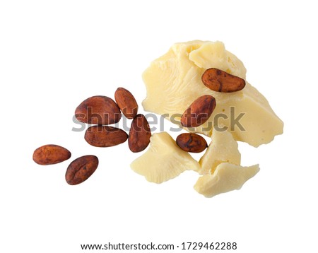 Pieces of natural cocoa butter with cocoa beans isolated on white 
background. Macro photo Royalty-Free Stock Photo #1729462288
