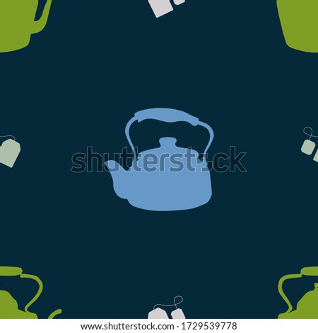 Seamless pattern of teapots and cups. Vector hand drawn illustration. Background with tea related objects for postcards, packaging, textile, kitchen stuff. 