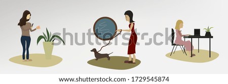 Stay home concept. Girl drinks a hot drink, walks a dog, sits at a laptop. Cozy modern scandinavian interior. Self isolation, quarantine due to coronavirus. Set of illustration of home activities