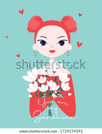 Cute girl with flowers.Children illustration for T-shirt graphic print. and more.Cartoon character.vintage postcard.