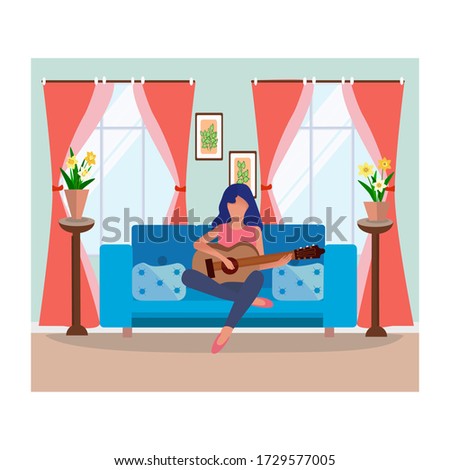 A girl learns to play the guitar at home. The concept of independent study of music, singing and playing the guitar. Recreation, entertainment, hobbies. Cartoon flat style.