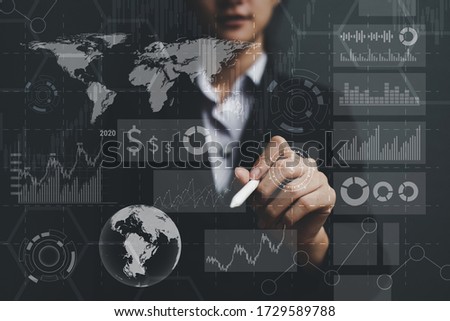 Woman use Tablet,touch screen.Project Manager Researching Process.Business Team Work Startup modern Office.Global Strategy Virtual Icon.Innovation Graphs Interface.Analyze market stock.